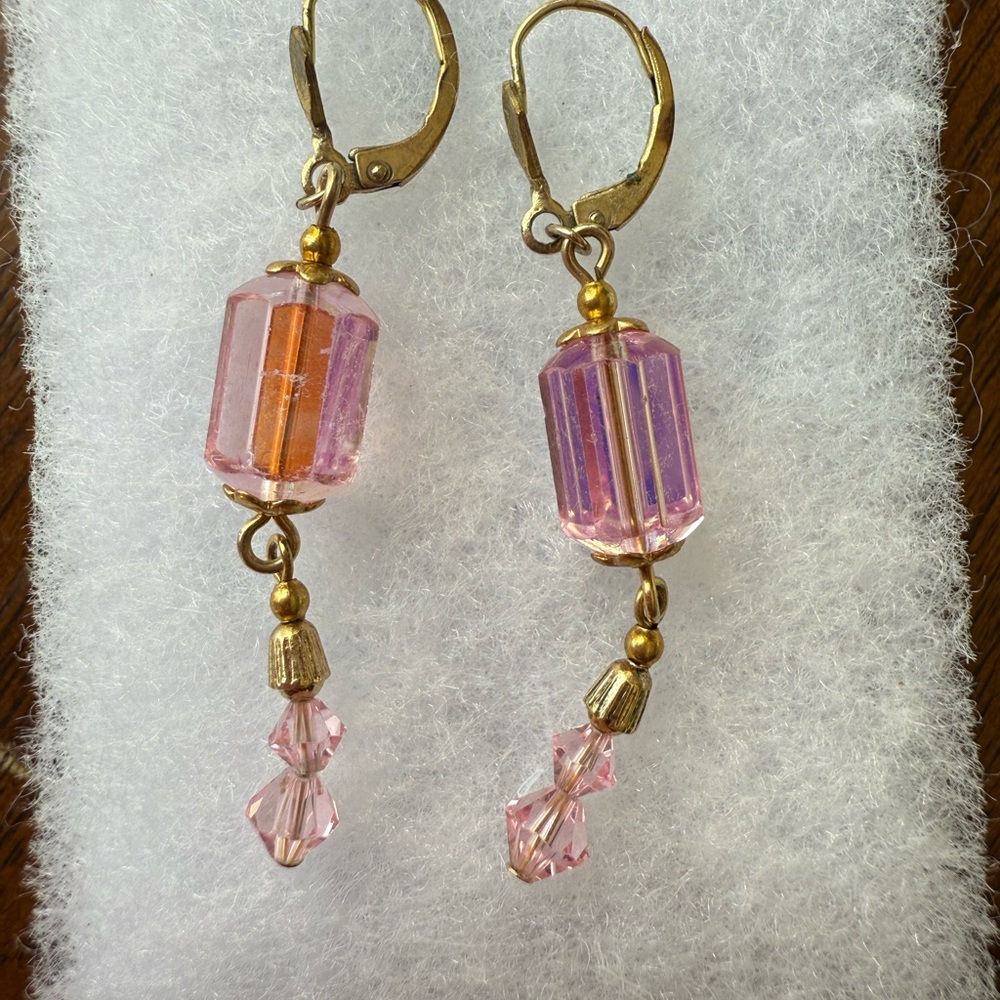 Gold and Pink Crystal Earrings with Iridescent Beads